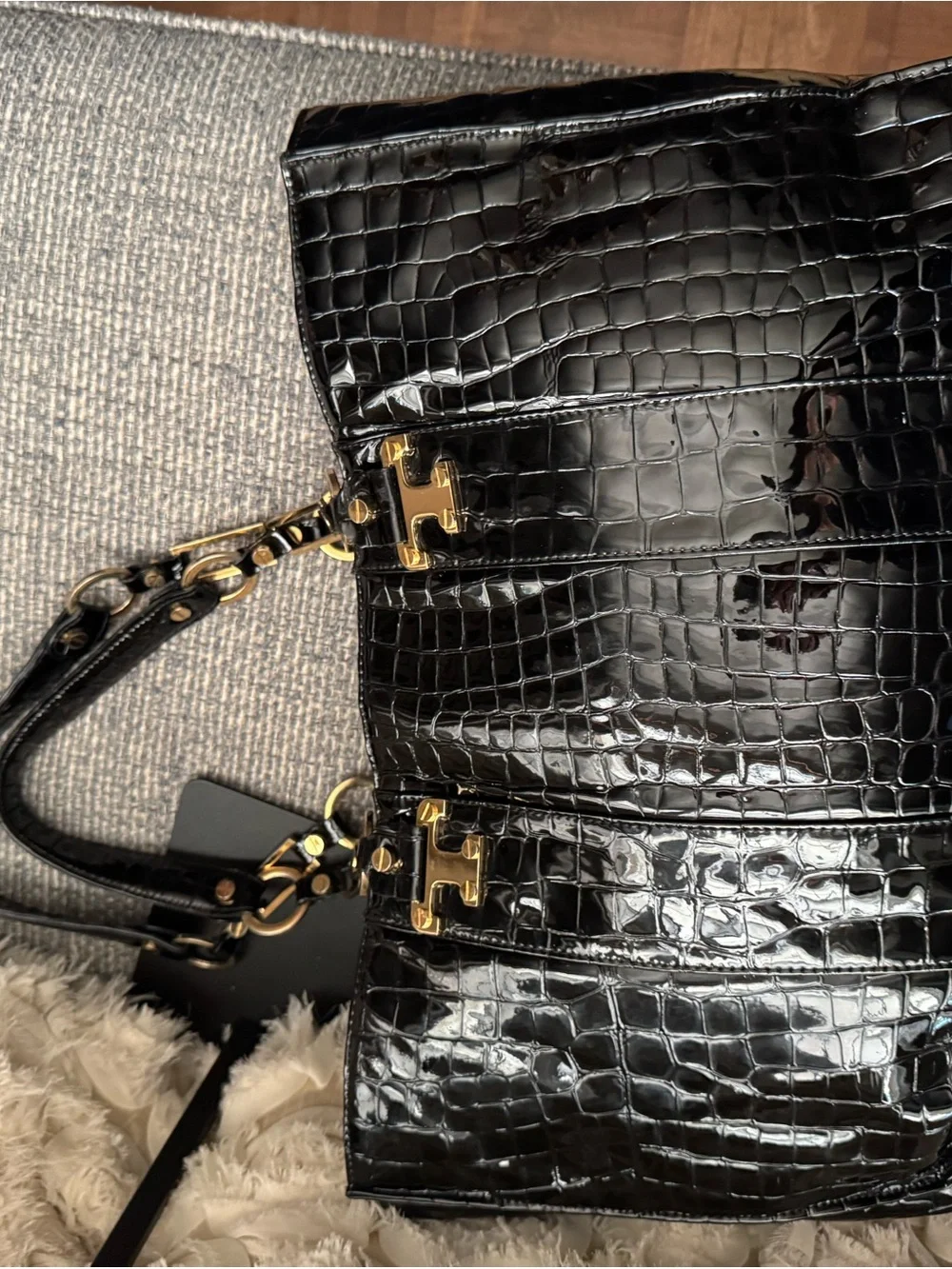 Tory Burch Black Croc-Embossed Patent Leather Tote Shoulder Bag Gold Hardware
